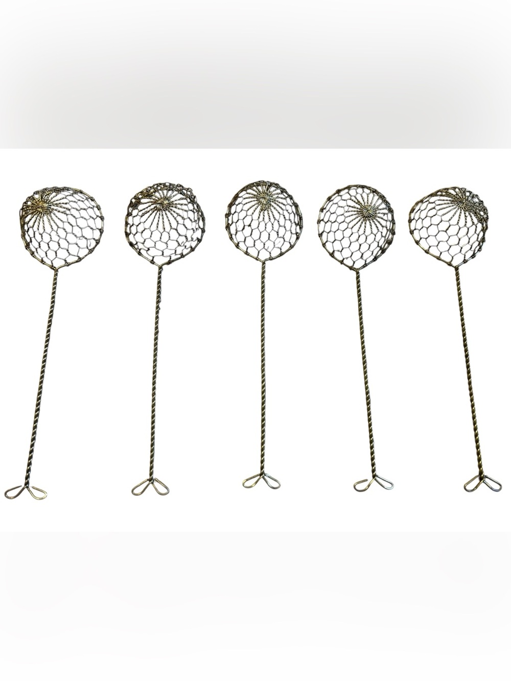 Antique Brass Wire Mesh Skimmers Set of 5 Egg Dippers Primitive Farmhouse - Picture 5 of 10